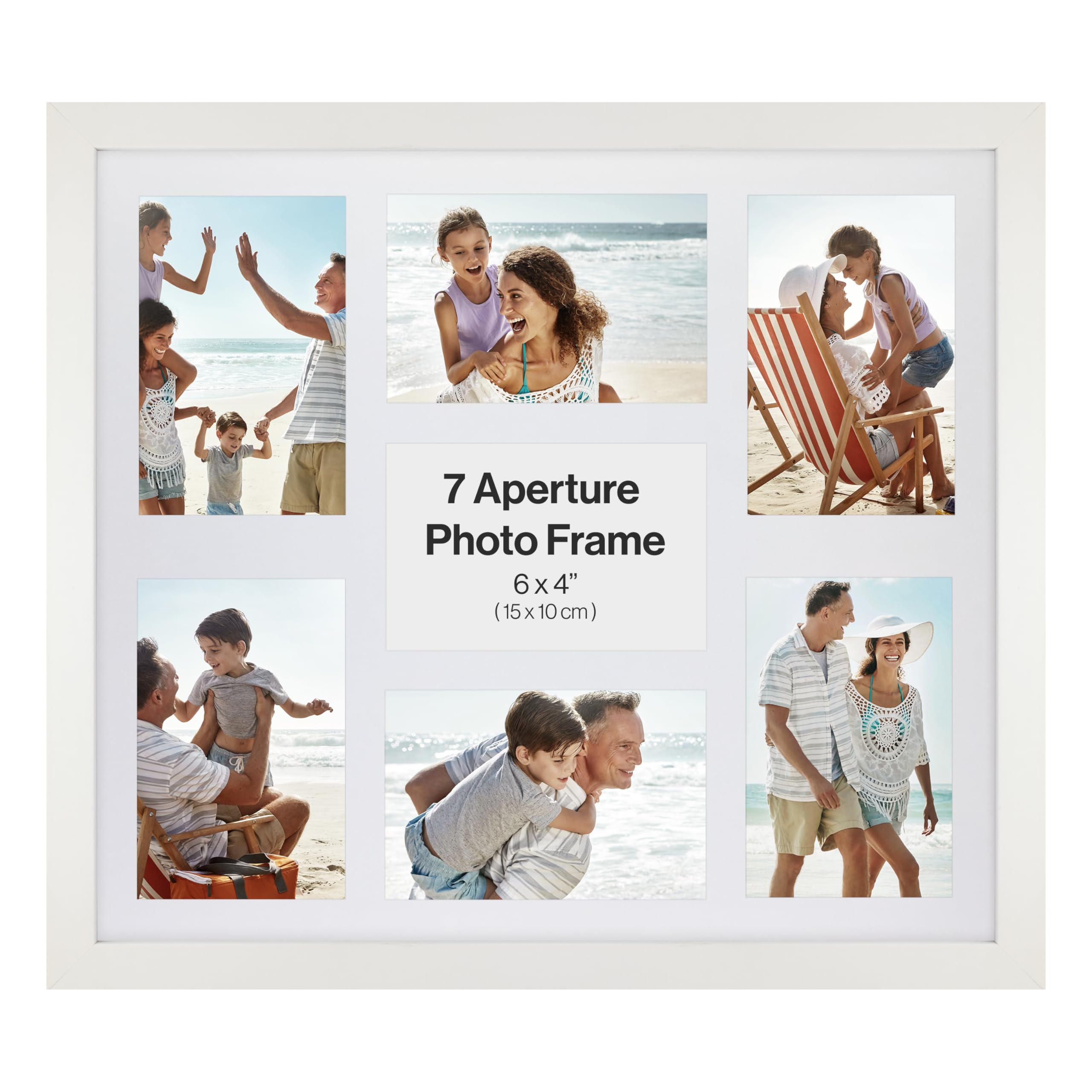 Contemporary White 6x4 Wooden Multi Aperture Picture Frame, Holds 7 6x4" Photos or Pictures, Wall Mounted Landscape or Portrait.