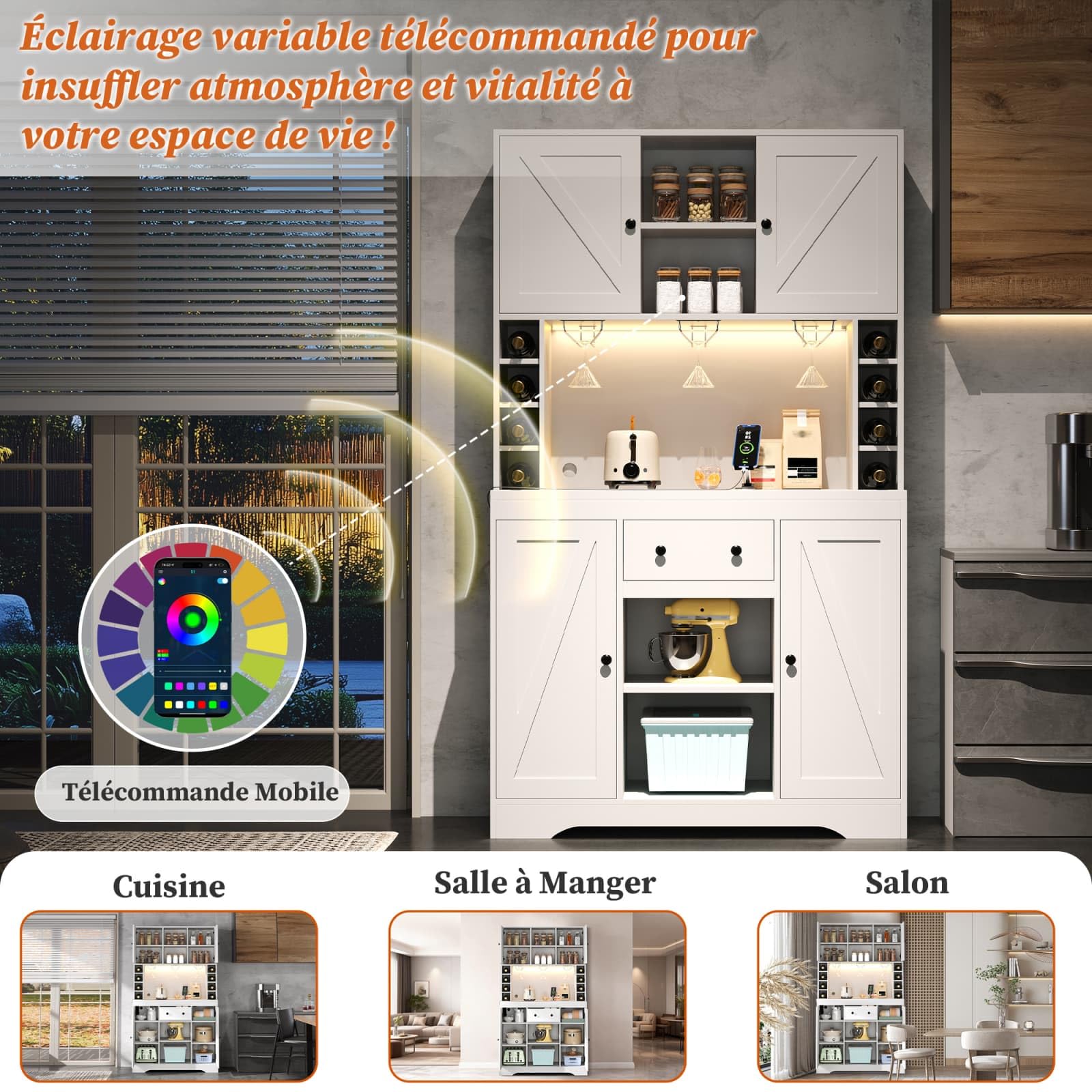 Sweiko Meuble de Cuisine avec Porte-Verres et Cave à Vin, Buffet Haute avec Prises et USB, Sideboard multifonctionnelle avec LED Intelligent, Plan de Travail