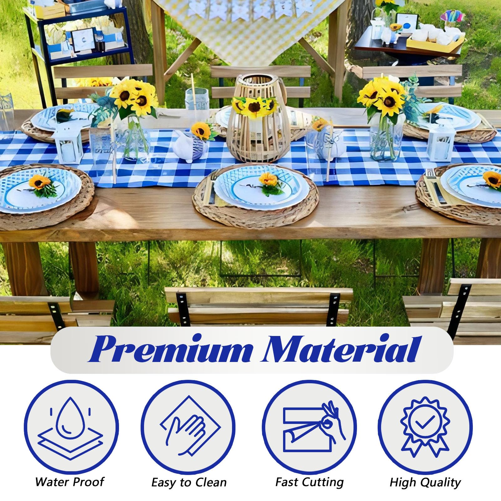 Rollo de Mantel desechable de plástico, 137 cm x 36,6 m, Rollo de plástico con Cortador fácil de Deslizar, manteles de plástico para Fiestas, Desechables, a Cuadros Azules