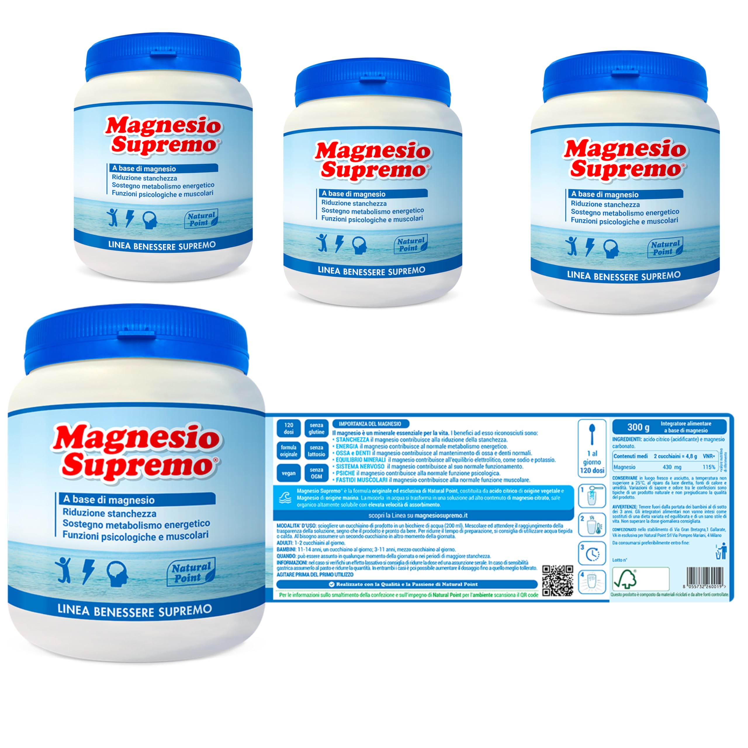 MAGNESIO SUPREMO 4 CONFEZIONI DA 300 GR antistress naturale, stanchezza cronica, mal di testa, sistema nervoso