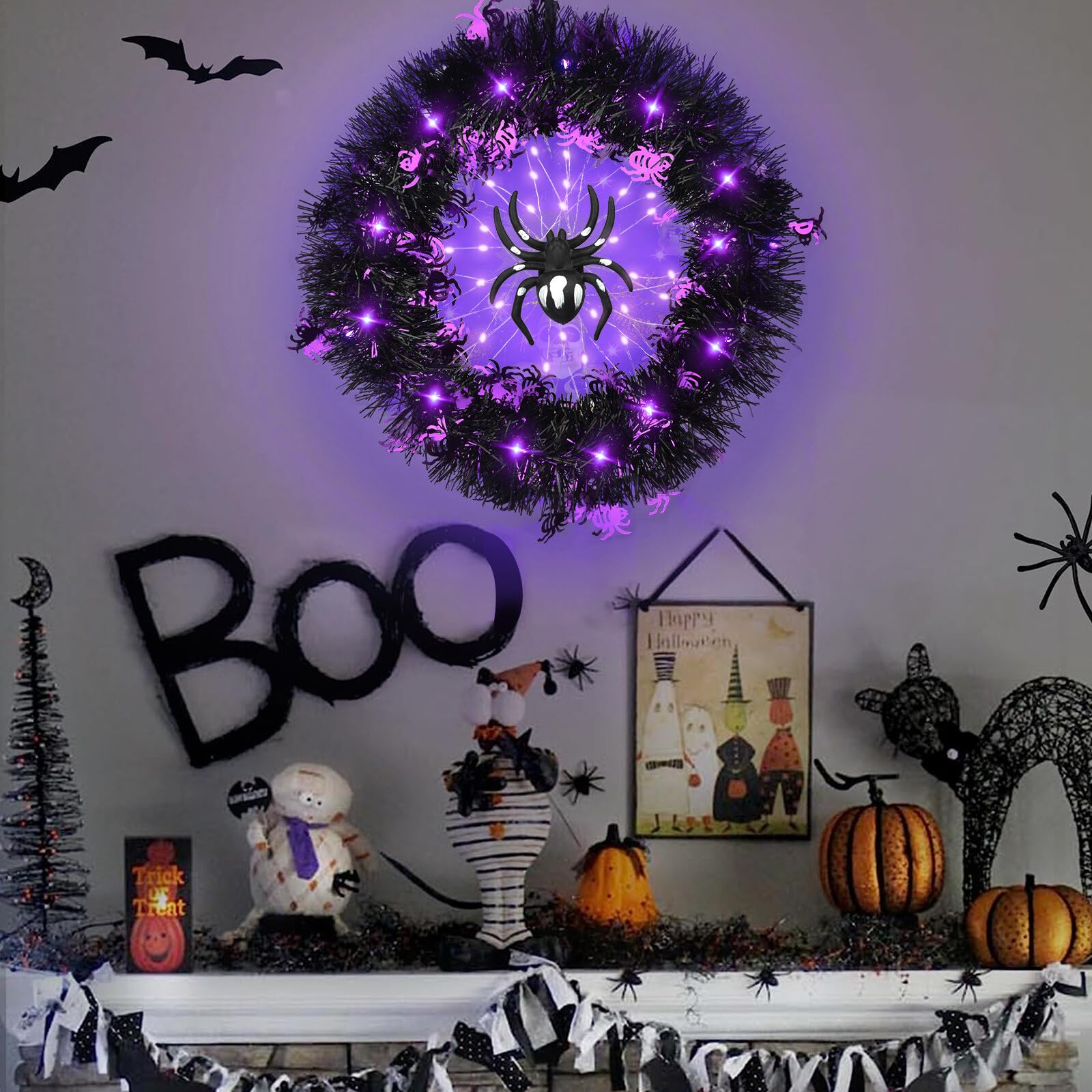 Halloween Türkranz mit Lichtern, künstliche Spinne Girlande Halloween Deko mit violetten Lichtern Halloween Dekorationen für Außen Innen Wand Atmosphere Decoration LED