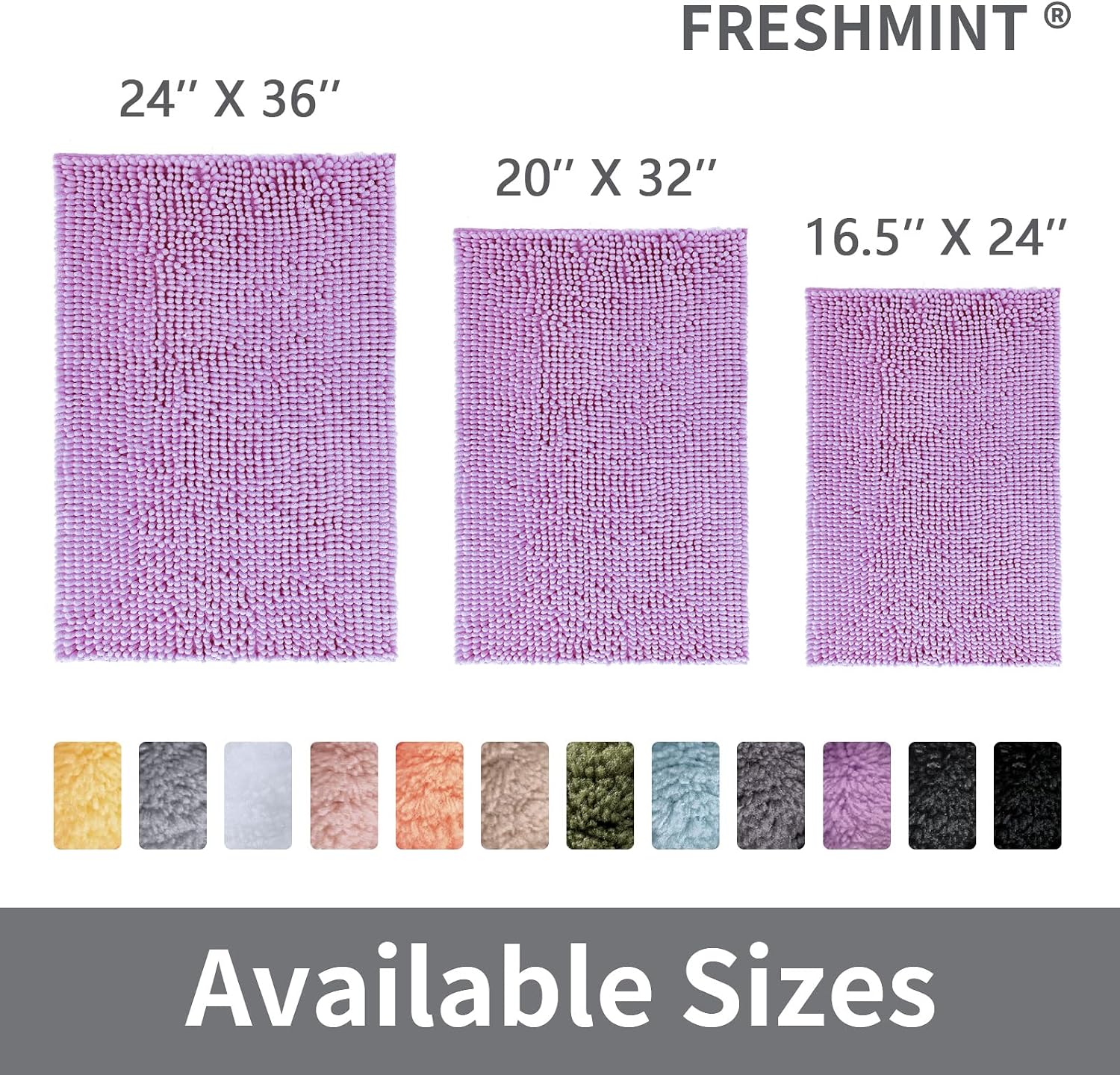 FRESHMINT Chenille Bathroom Rugs Non-Slip Bath Mat 24”x16.5“, Washable Soft Shower Mat, for Bathroom Floor & Tub Fluffy Shag Bath Rugs, Durable Thick Water Absorbent Microfiber Shower Rugs, Purple