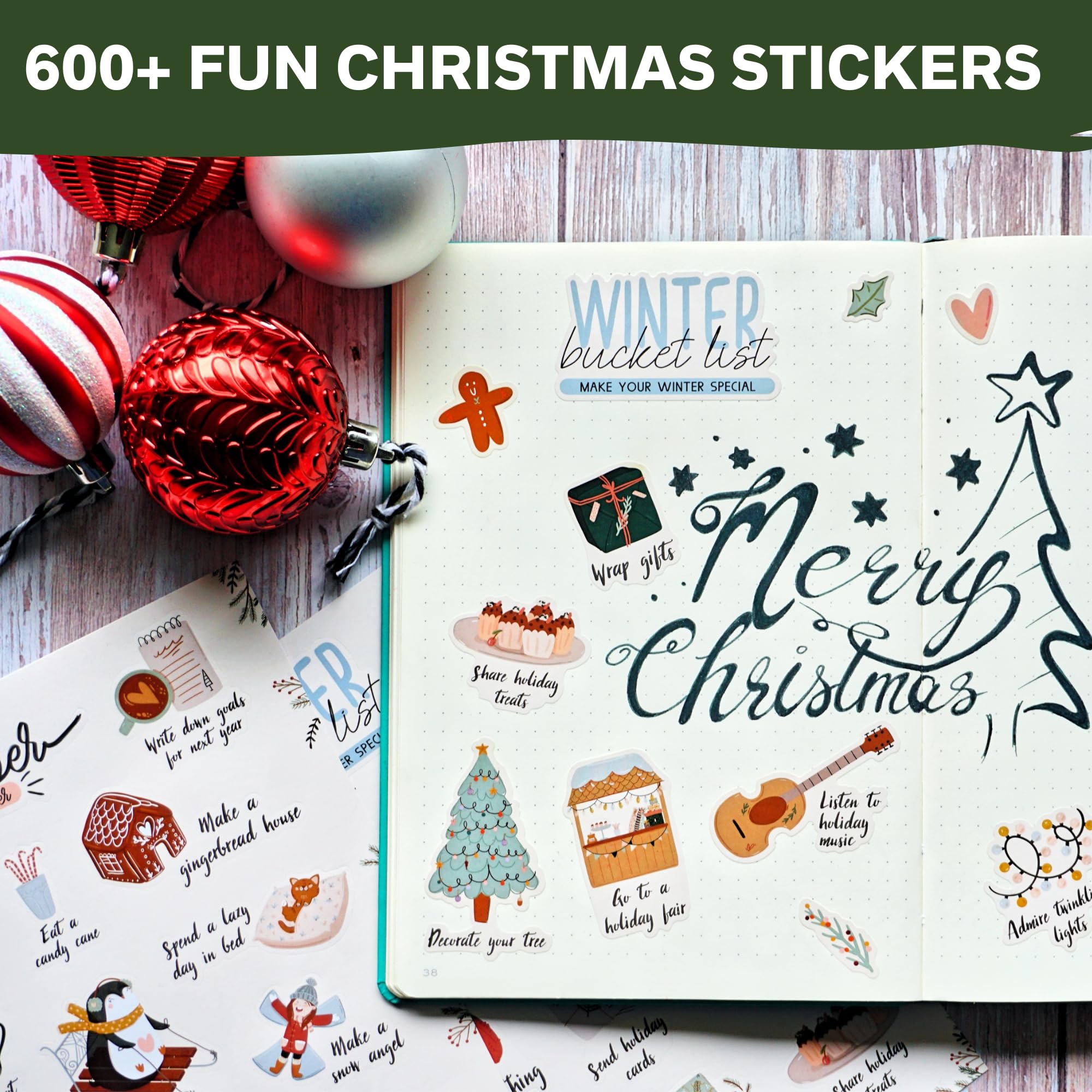 Frohe Weihnachten Aufkleber,14 Blatt saisonaler Winter-, Hygge- und Urlaubsplaner-Aufkleber für Tagebuch, Scrapbooking, Grußkarten, Geschenkpapier, ästhetische Aufkleber für Kinder und Erwachsene