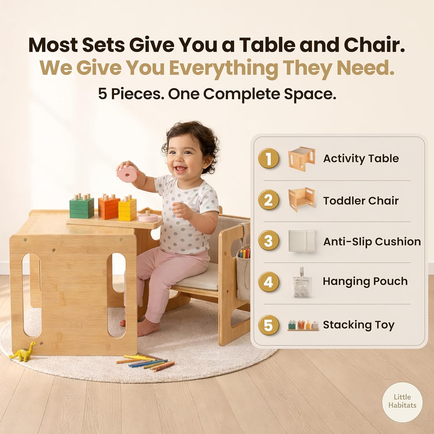 Montessori Weaning Table & Chair Set – Kids Desk & Activity Table with Flip Chair, Removable Cushion, Hanging Pouch & Toy, Convertible, Indoor/Outdoor Toddler Dining, Play & Learning