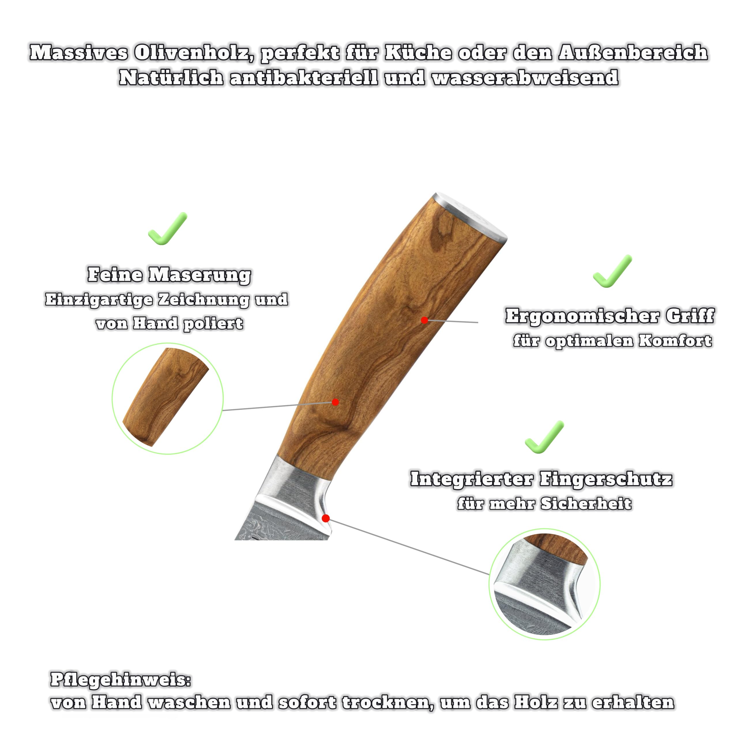 Damast Brotmesser Wellenschliff Klingenlänge 20 cm, Olivenholzgriff, 67‑lagiger Damaststahl, handgeschmiedet, inkl. Etui & Geschenkbox