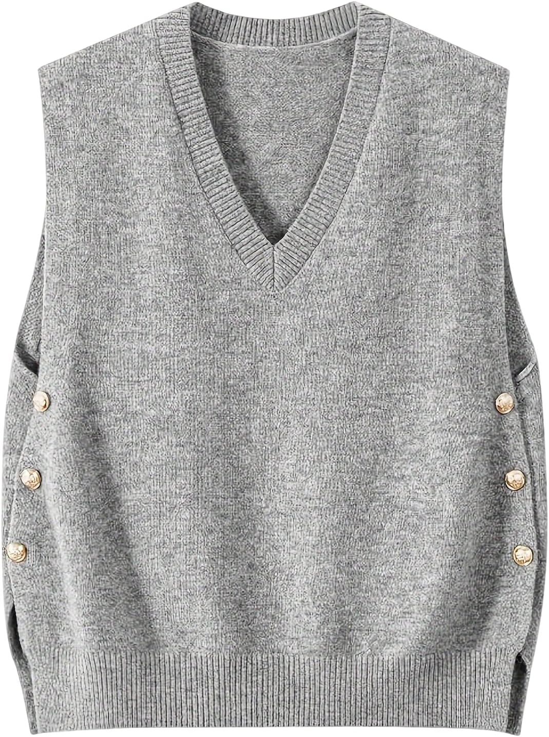 SweatyRocks Women's V Neck Sleeveless Sweater Vest Side Split Button Sleeveless Knitwear Tops