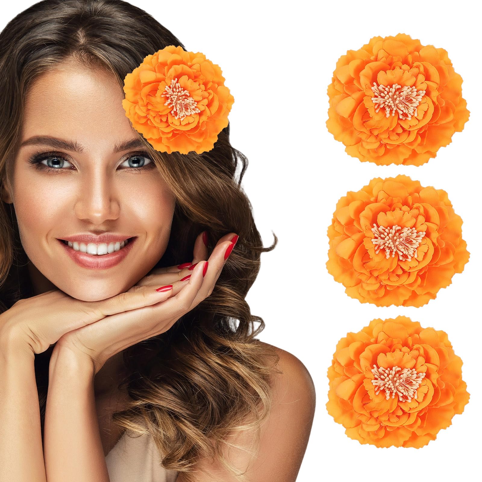 Broche pivoine artificielle orange de 12 cm, accessoire cheveux de prestige
