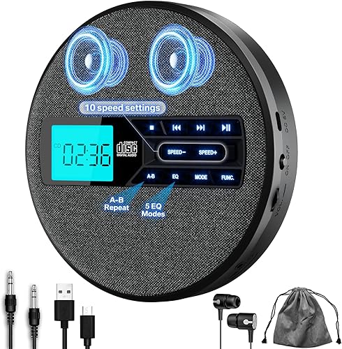 Miniatura 2 de Reproductor de CD portátil, reproductor de CD portátil recargable con altavoces duales y antisalto, CD, USB, AUX, pantalla LCD, botón