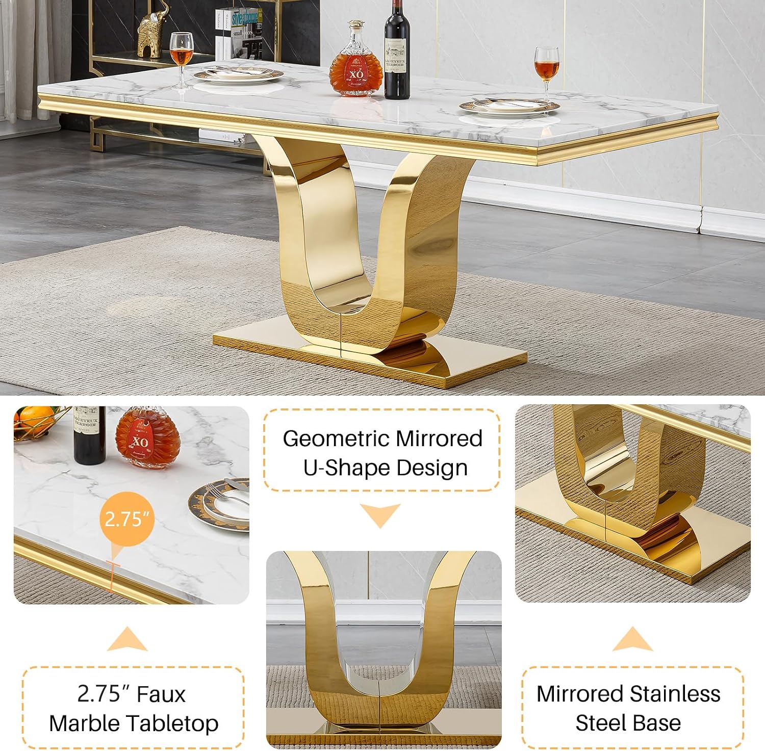 Henf Luxury Marble Dining Table Set for 6, 68 in White Kitchen Dining Room Table with 6 Beige Dining Chairs & Gold Stainless Steel U-Shaped Base, 7-Piece Modern Dinner Table and Chairs for Kitchen