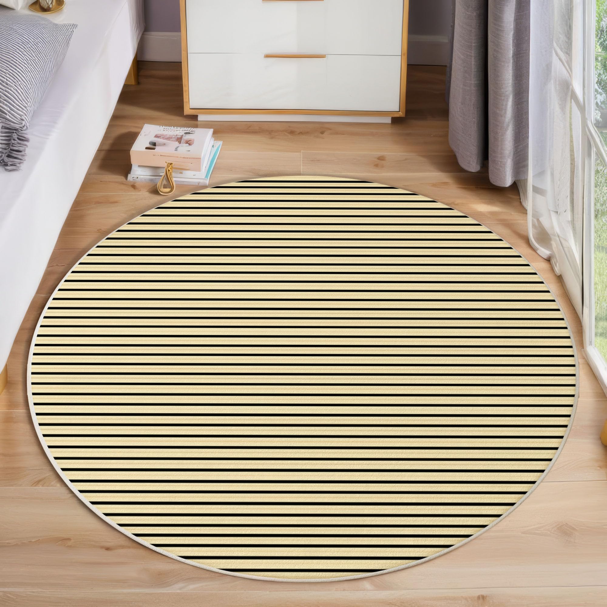 Tapis rond rayures noires et jaunes 60 cm lavable et géométrique