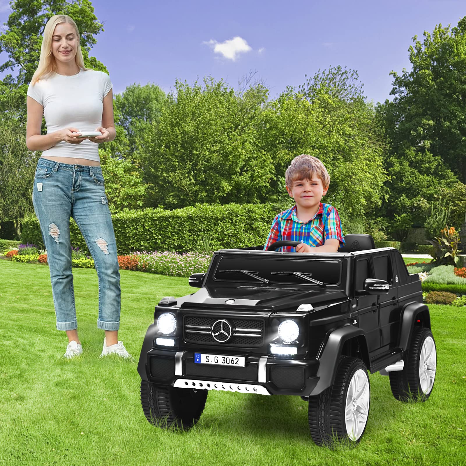 GOPLUS 12V Kinder Elektroauto Mercedes-Benz Maybach mit 2,4 Ghz Fernbedienung, Kinderfahrzeug mit Softstart, 2,5-5,5km/h, USB, MP3, LED-Licht, Sicherheitsgurt, für Kinder 3-8 Jahre alt (Schwarz)