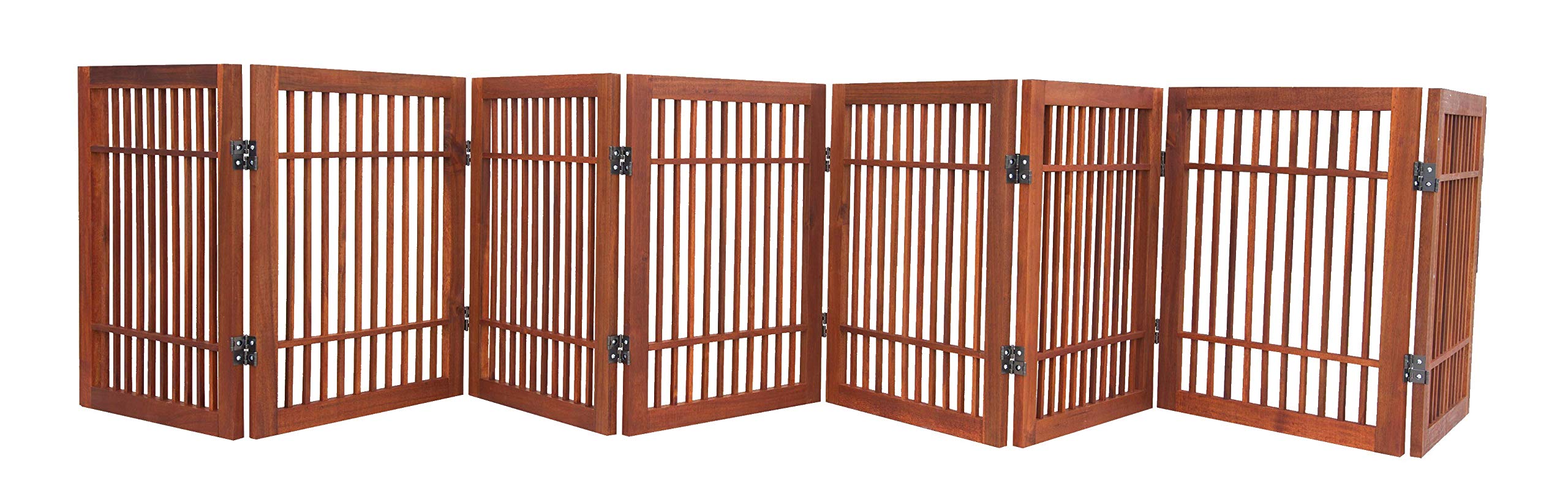 Photo 1 of Pet Dog Gate Strong and Durable Freestanding Folding Acacia Hardwood Portable Wooden Fence Indoors or Outdoors by Urnporium (Brown Pet Gate, 8 Panel 24" Tall) Brown Pet Gate 8 panel 24" tall