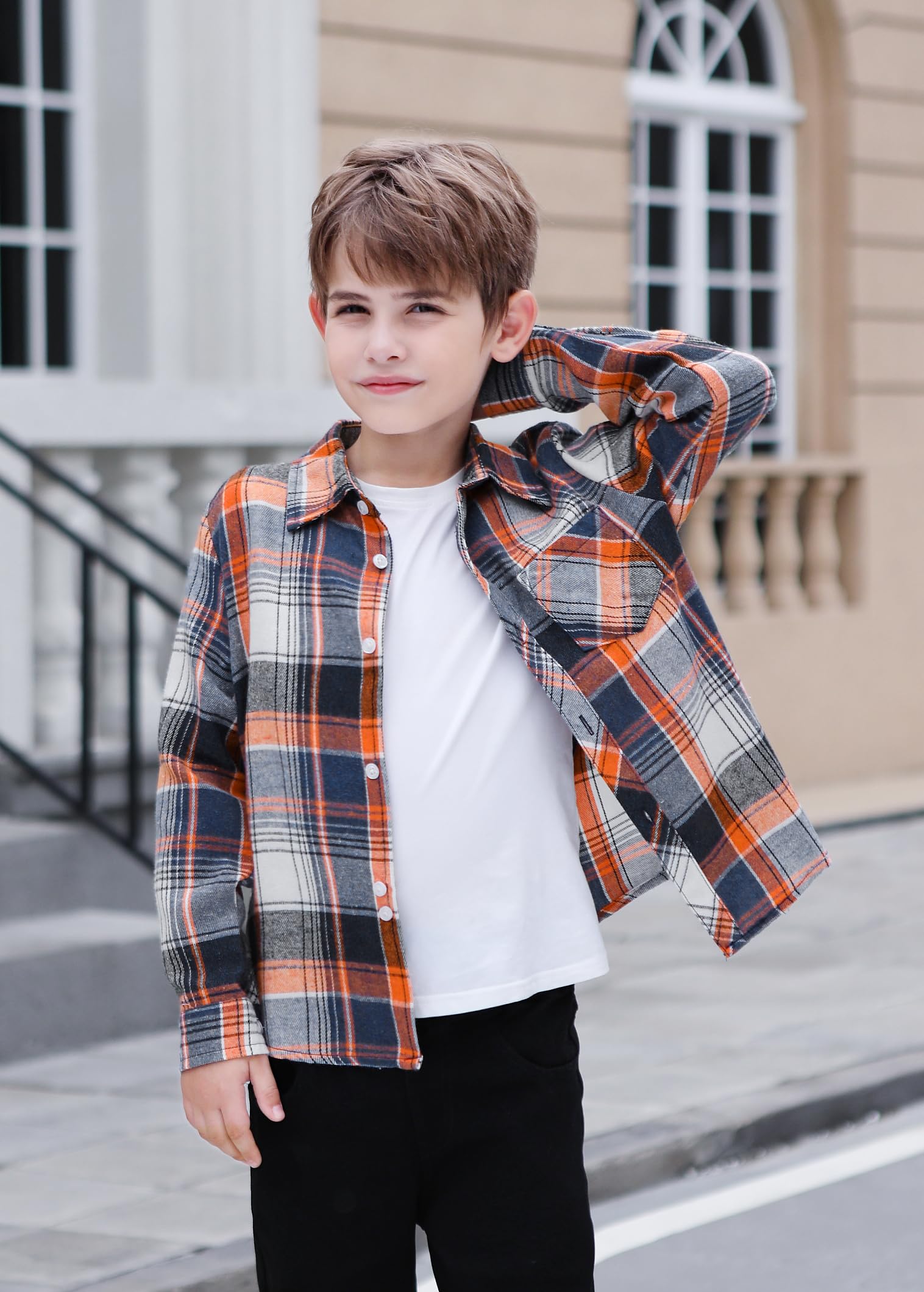Cromoncent Camisa de manga larga de franela a cuadros con botones para hombre, Azul Naranja, 4-5 años