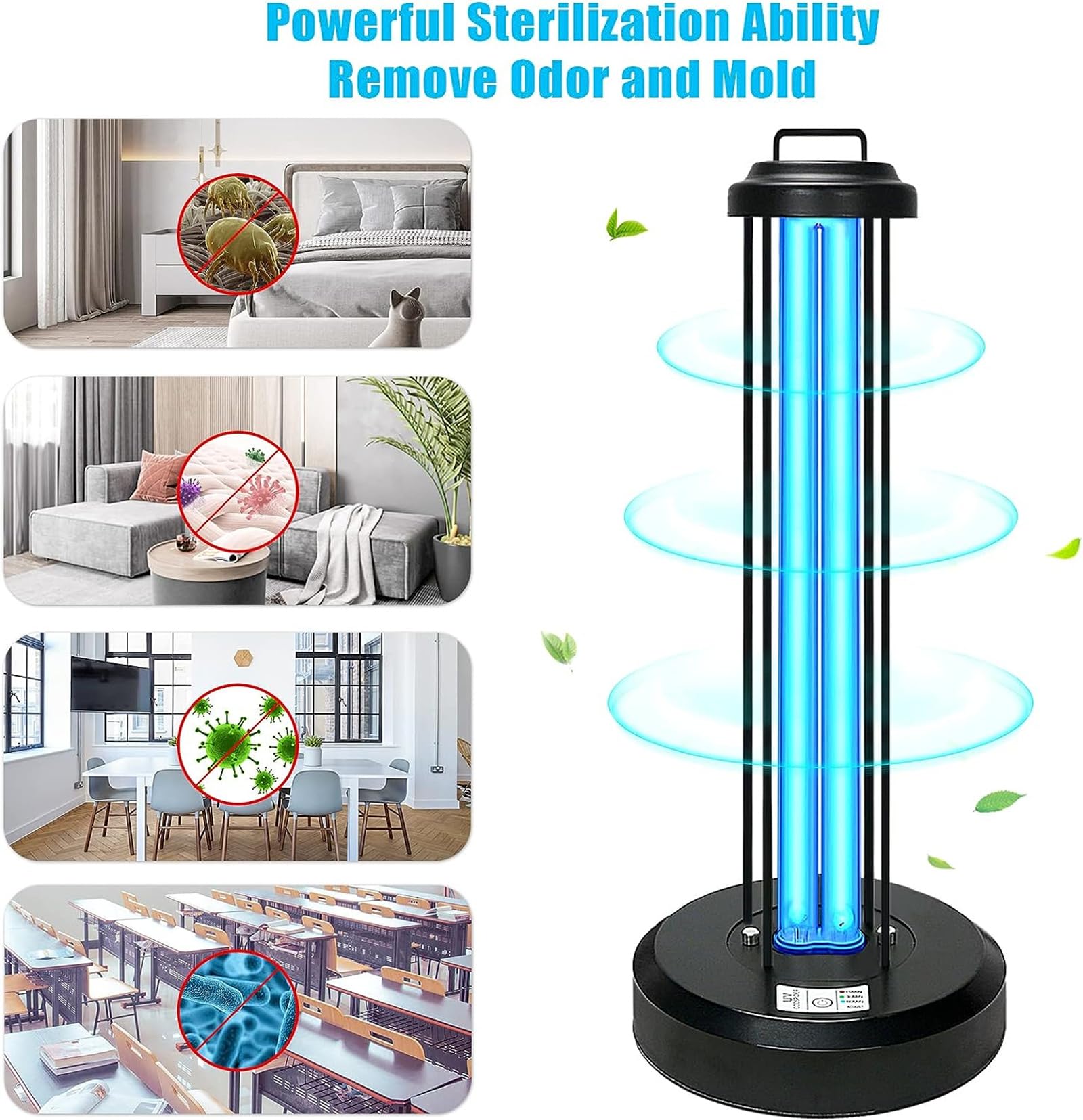 Desinfectante con luz UV y lámpara esterilizadora ultravioleta con control remoto, con temporizador de 3 engranajes de 38 W, desinfecta cada habitación de tu hogar durante 15/30/60 minutos black