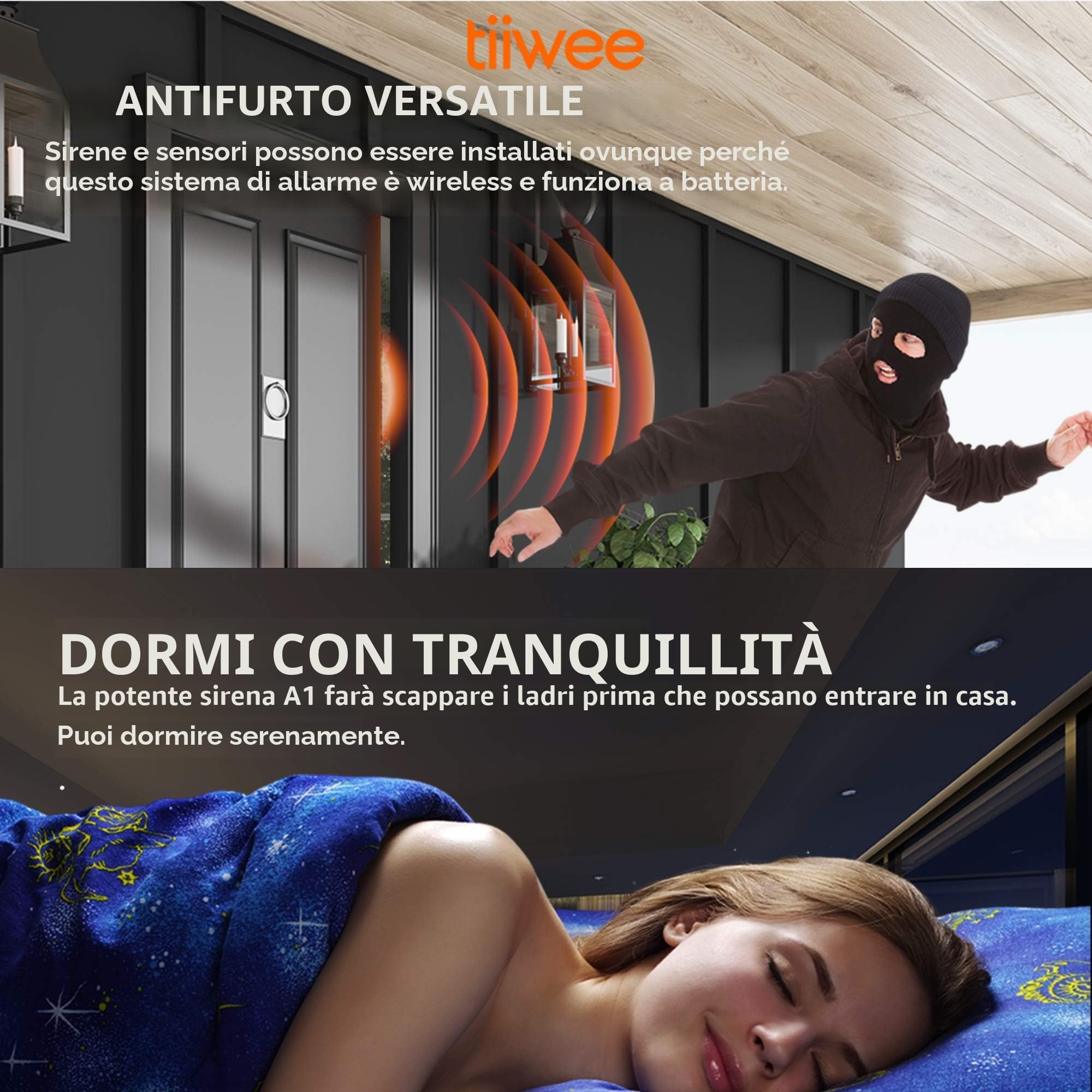 tiiwee Sistema di Allarme per Porte e Finestre - Sistema di Sicurezza con Potente Sirena, 1 Rilevatore di Movimento, 2 Sensori per Porte e Finestre e 2 Telecomandi