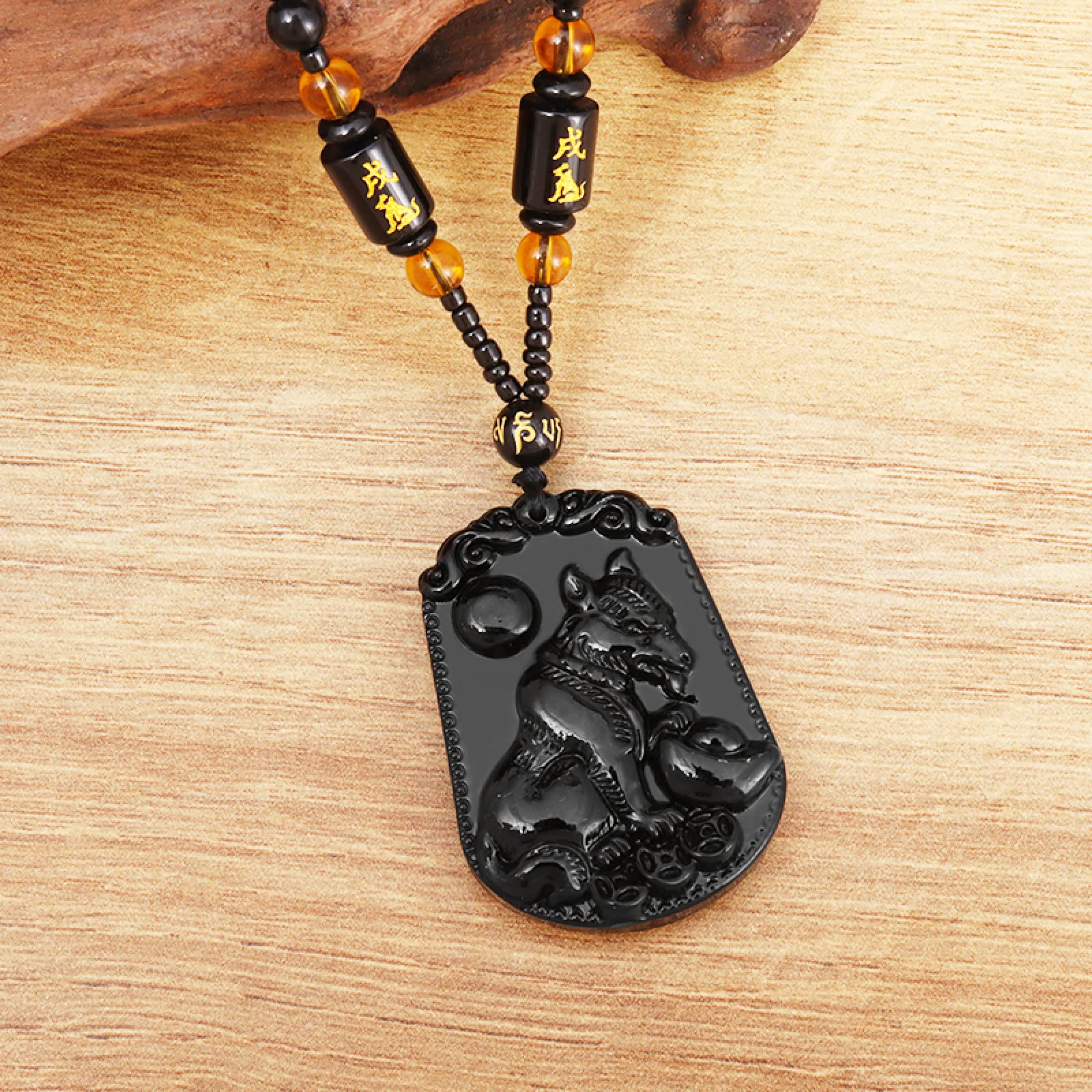 Black Obsidian Beautifully Engraved Zodiac Animal Pendant Necklace
