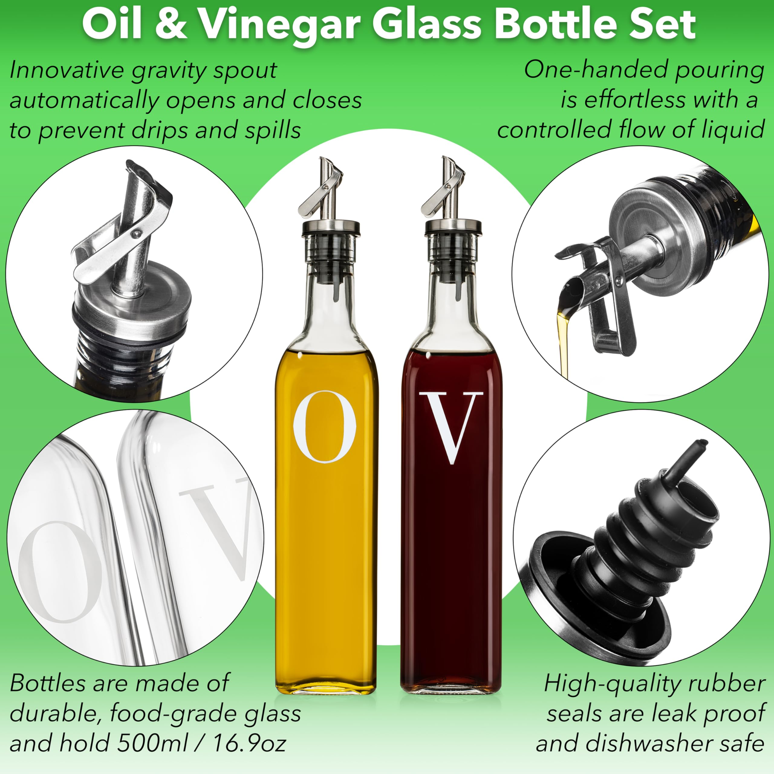 GreenOlive Olivenöl- und Essigspender-Set - 500 ml - kein Tropfen, BPA-freier Ausguss, Olivenöl-Flasche für die Küche (O&V)
