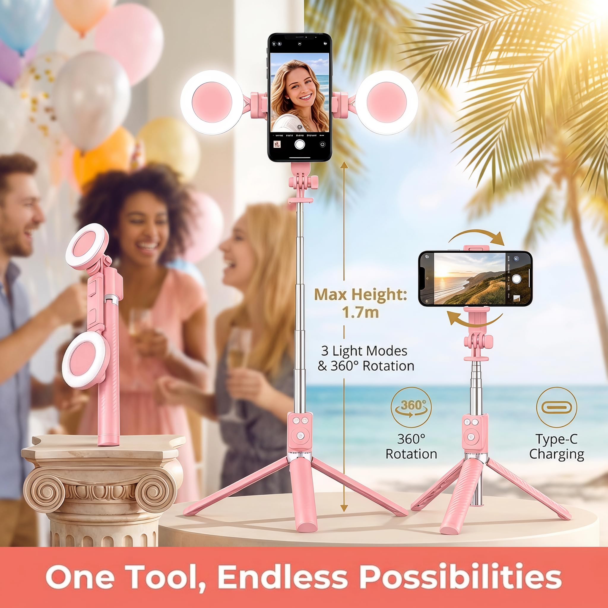 1.7m Palo Selfie Tripode con Luz, 360° Trípode para Movil Profesional con Mando Compatible con iPhone y Android, Selfie Stick inalámbrico para Vídeos TikTok Youtube, Rosa