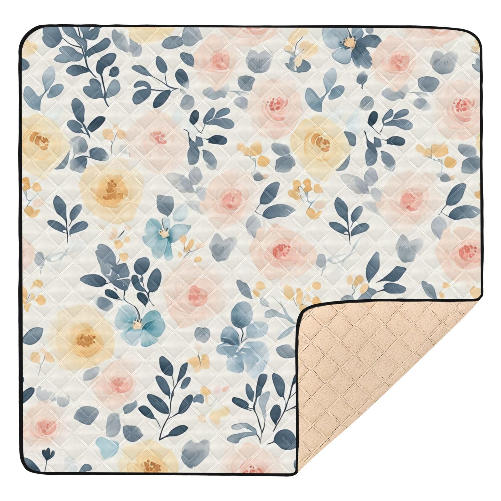 BOESI Watercolor Colorful Flowers Baby Play Mat, 50“ X 50” Washable Folding Crawling Mat, Baby Floor Mat, Soft, Non-Slip