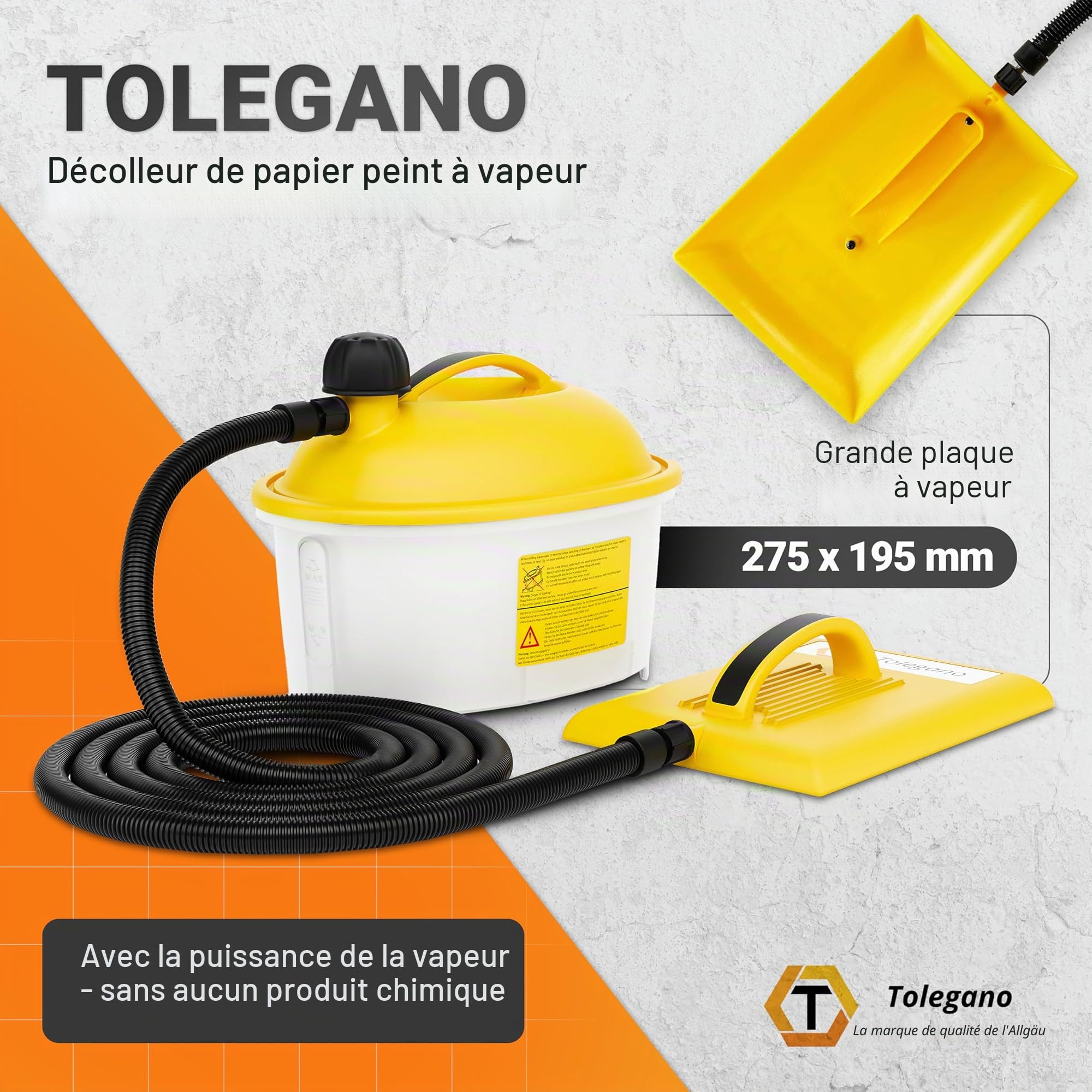 Décolleuse à papier peint, fonctionnement vapeur - Puissance : 2000 W - Réservoir de 4,5 l - Durée de fonctionnement : environ 80 minutes. Décolleuse à papier peint et générateur de vapeur