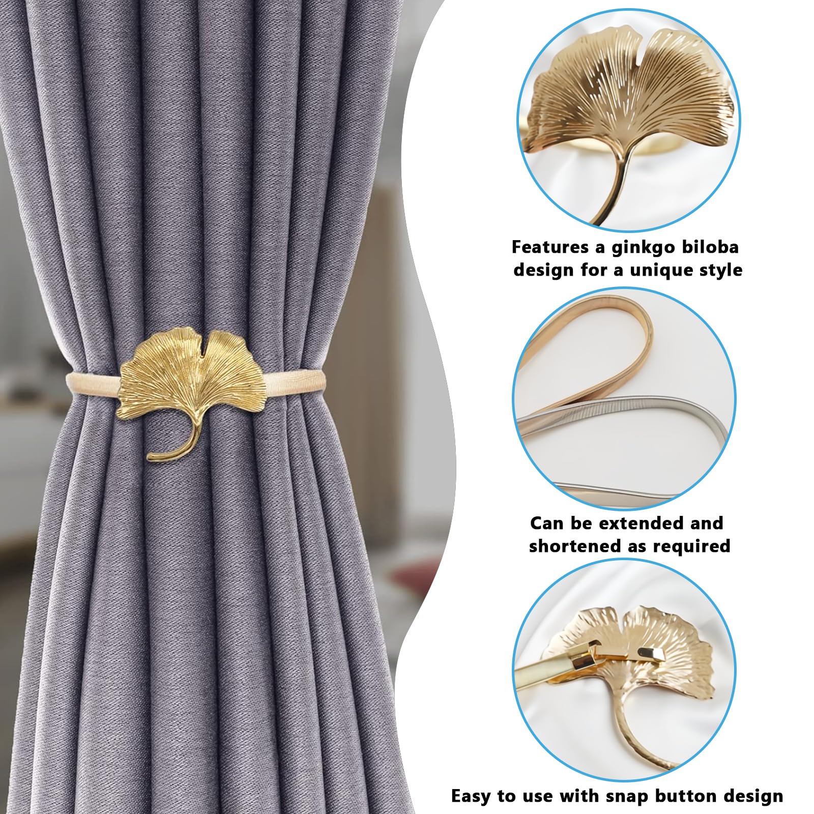 2 Pezzi Fermatenda Regolabile, Raccogli Tenda con Fermaglio Cravatta, Tende Primaverili per Decorazione Casa (Foglia Oro