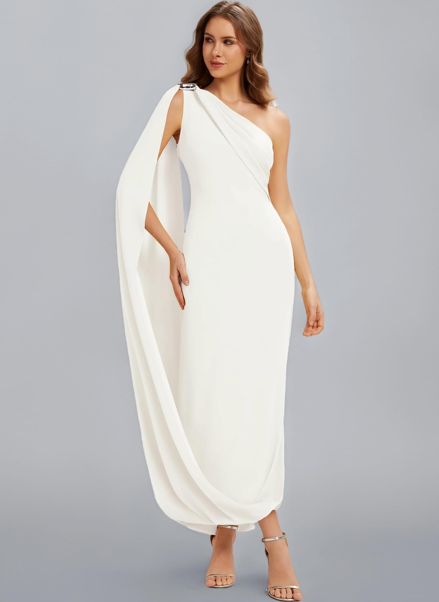 Women's One-Shoulder Draped Maxi Wedding Guest Dress Asymmetric Formal Evening Gown with Statement Buckle 02698