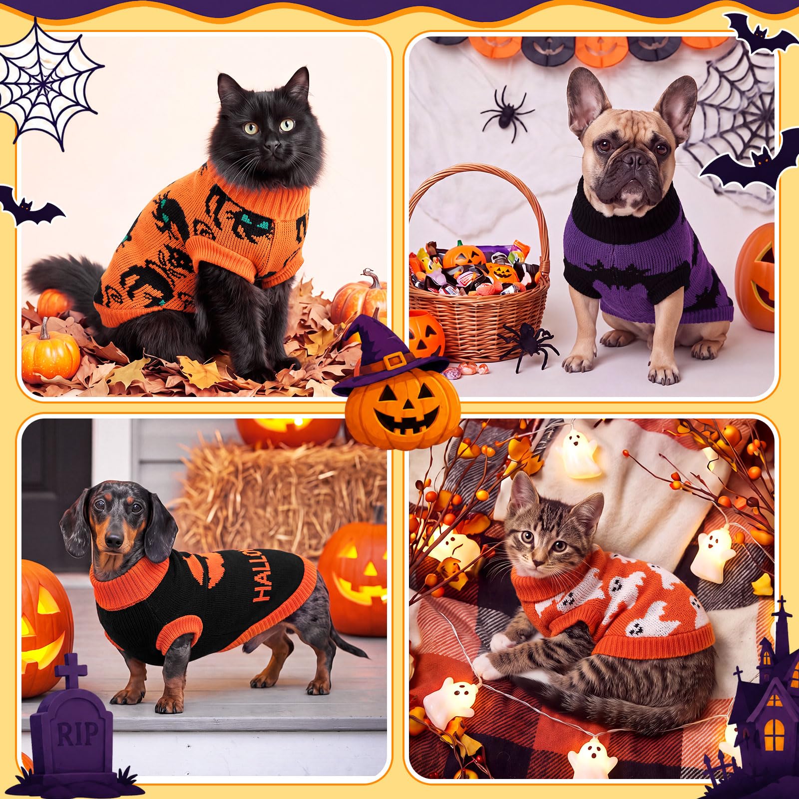 Lot de 4 pulls pour chien Halloween citrouille avec trou pour | Ensemble de vêtements d'hiver doux et extensibles pour chihuahua, yorkshire, petites races, vêtements d'hiver chauds avec
