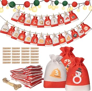 24 Bolsas de Calendario de Adviento de Navidad de Lino,18*13cm,Bolsa de calendario navideño,Con 24 clips de Madera y 10m Cuerda de Cáñamo,Regalo Navidad Fiesta,Decoración navideña bricolada embalaje