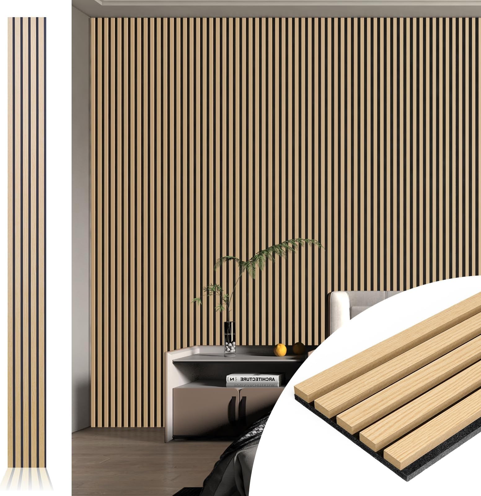 Art3d Slat Acoustic Wall and Ceiling 3D Fluted Sound Absorbing Panel with Wood Finish, 4pcs-107＊8in, Oak