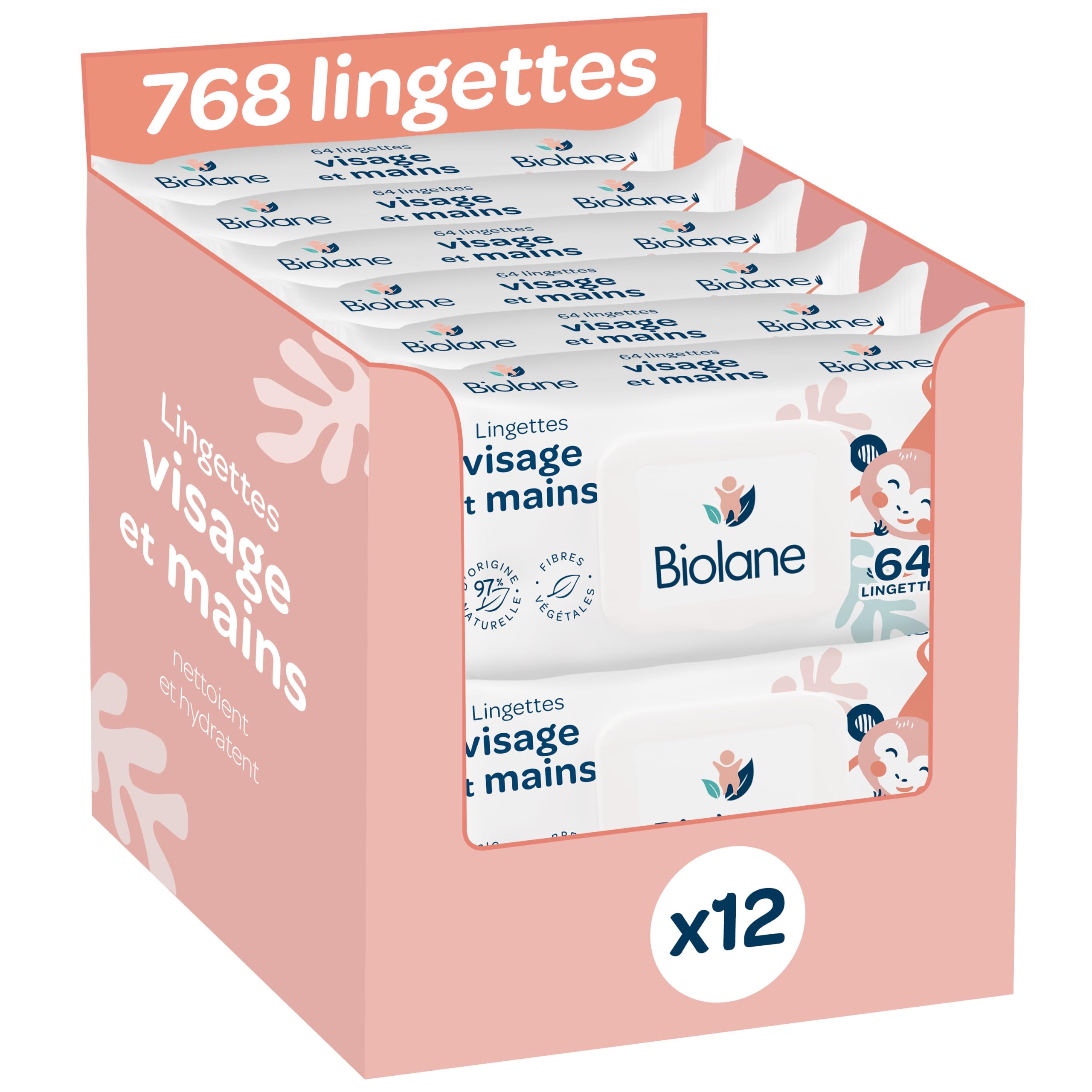 BIOLANE - Chusteczki nawilżające dla niemowląt do twarzy i dłoni – opakowanie zawiera 12 x 64 (768 chusteczek nawilżających) – chusteczki nawilżające dla niemowląt od urodzenia – formuła 97%