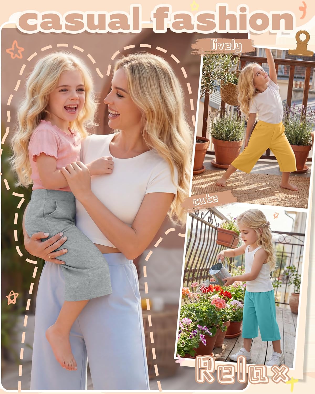 4 Pack Baby Girls' Capri Pants Toddler Loose Wide Leg Pants Cozy Summer Casual Sweatpants with Pockets 18M-5T