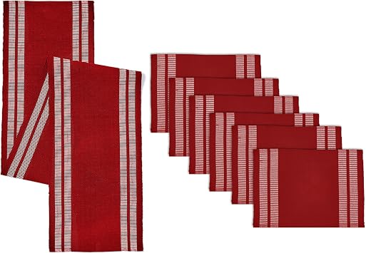 Encasa XO Table Runner and Placemats Set 6 | Fine Ribbed Cotton | Ladder Red | 1 Table Runner Size 13 &times; 72 "وكل حصيرة طاولة مقاس 19 &times; 13 بوصة