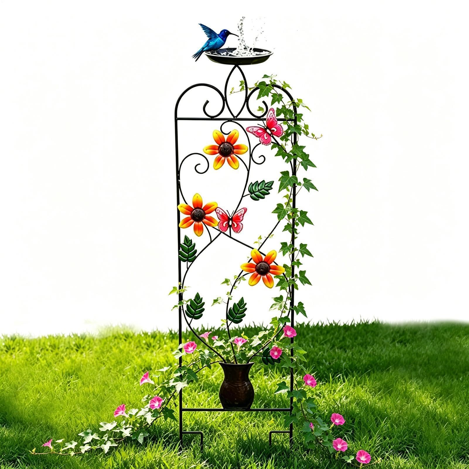 Enrejado de Jardín - Estético Metálico con Bebedero para Aves - Enrejado Alto con Bebedero para Aves | para Flores Enredaderas Verduras Bancal Jardín Patio