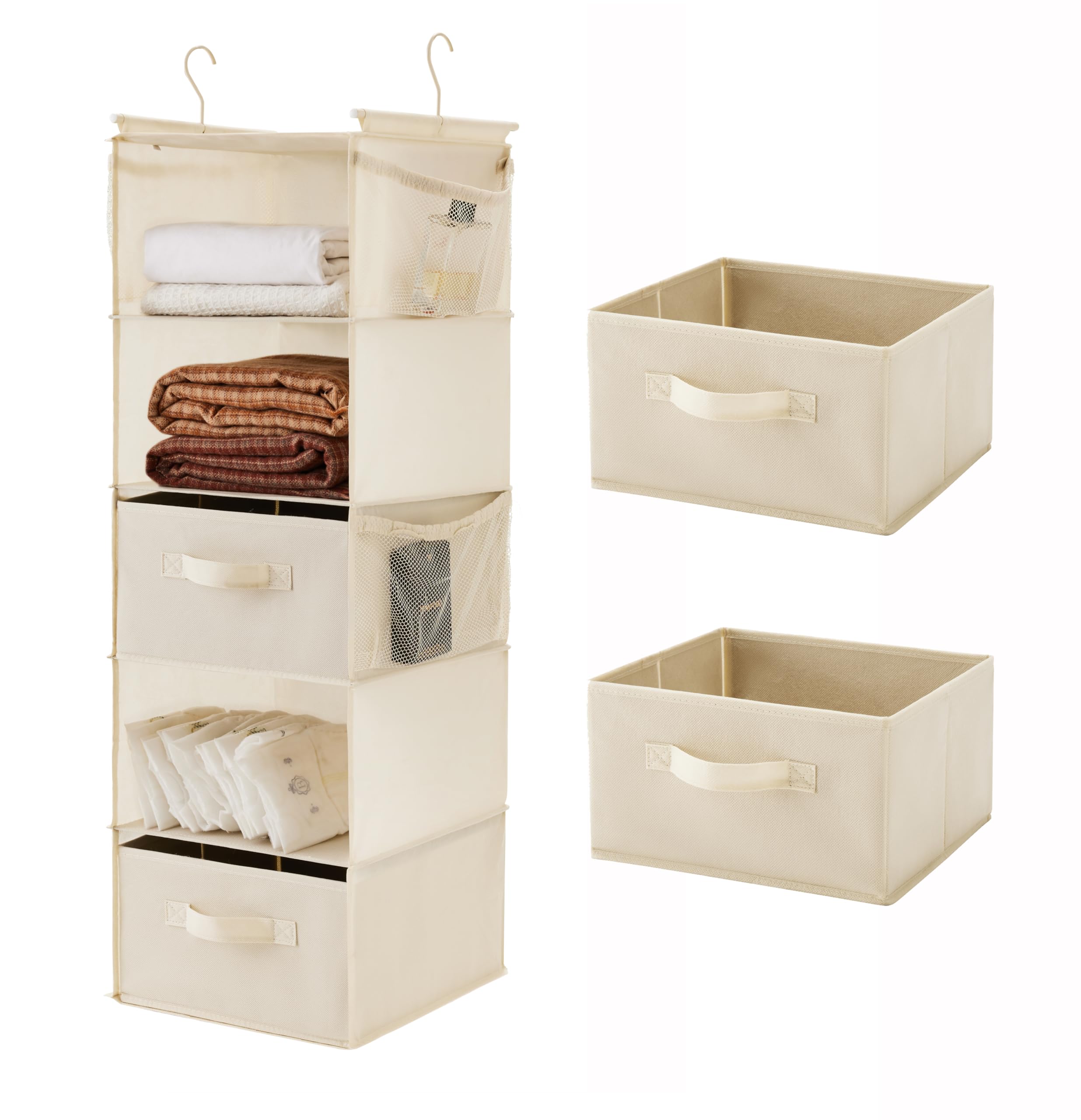 MAX Houser 5 Tier Shelf Hanging Closet Organizer, Cloth Hanging Shelf with 2 Sturdy Hooks for Storage, Foldable (Beige-D2)