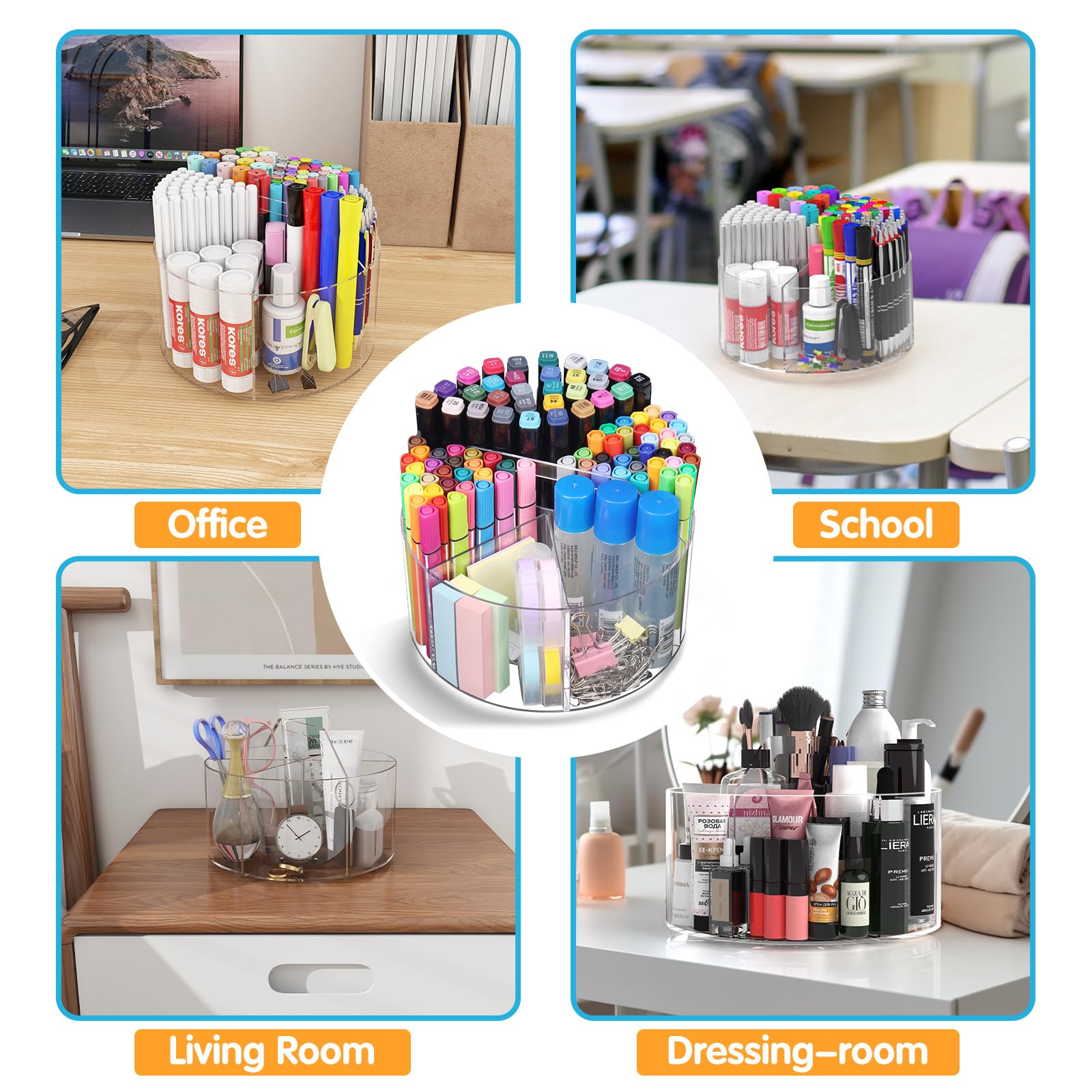 Mefirt Organizer Scrivania Rotante, Portapenne da Scrivania Grande Capacità, Accessori Scrivania 6 Scomparti, Porta Penne per Ufficio Scuola Casa, Desk Organizer, Trasparente, Acrilico