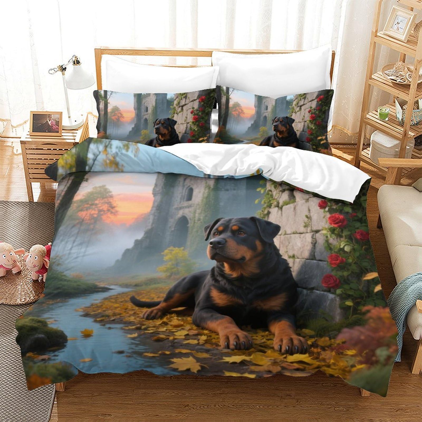 Cadeau Rottweiler housse de couette 3D et ses deux taies d'oreiller, surprise parfaite pour ados et enfants