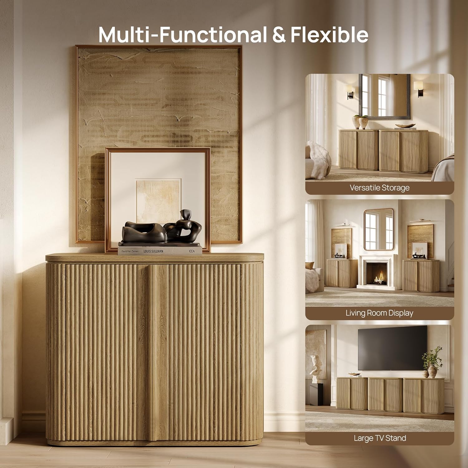 SICOTAS Fluted Sideboard Buffet Cabinet with Storage, Modern Credenza with Solid Wood Handle, Mid-Century Buffet Cabinet Storage Cabinet with Door for Living Room, Entryway