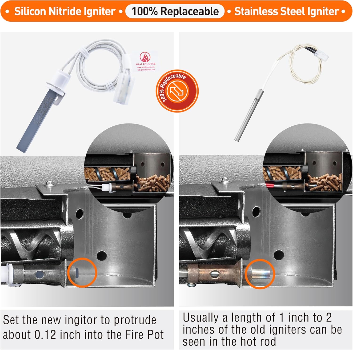 Heatfounder Silicon Nitride Hot Rod Igniter 2 Pack Grill Igniter Replacement for Pitboss & Camp Chef 100% Replacement of Metal Igniters Durable Hot Rod Ignitor Replacement for Pellet Grills