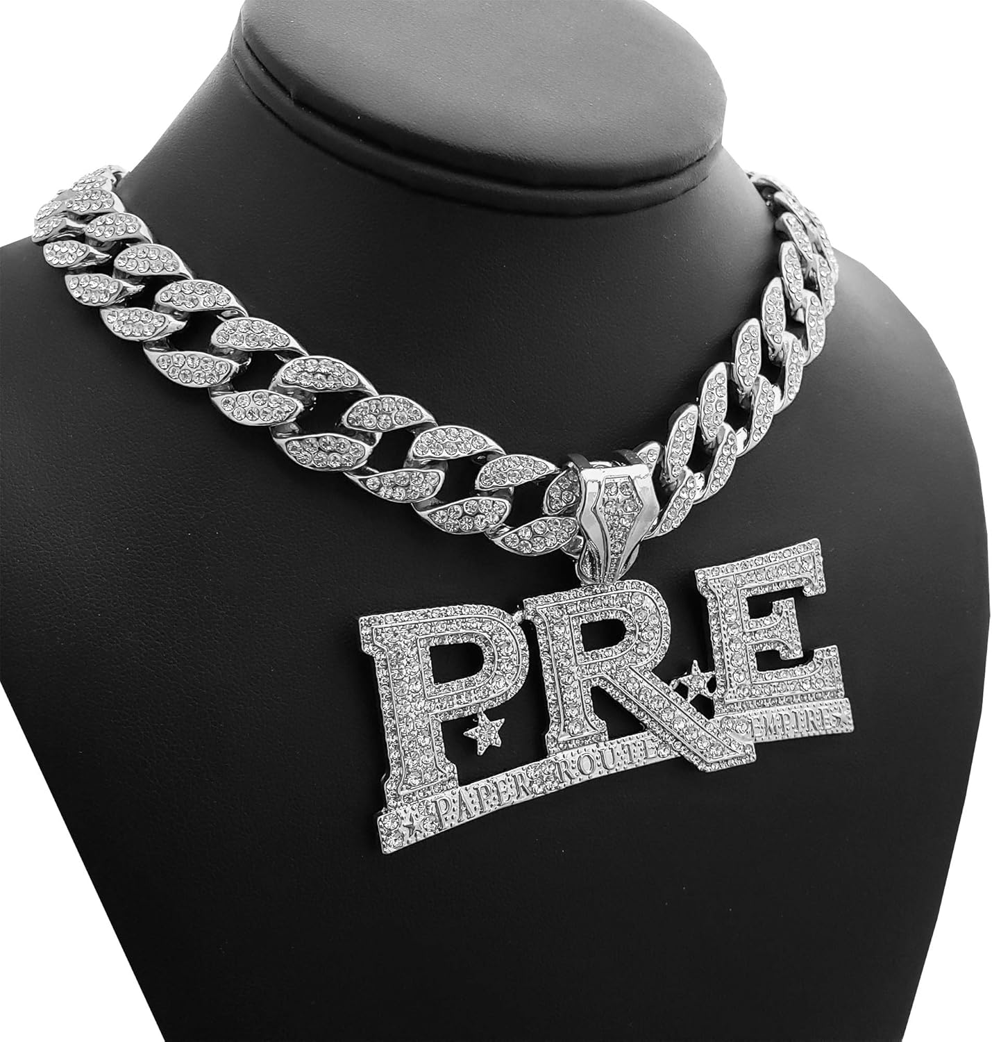 Hip Hop Jewelry Silver Plated Large PRE Pendant & 15mm 18" Full Iced Cuban Choker Chain Necklace Set - Image 2