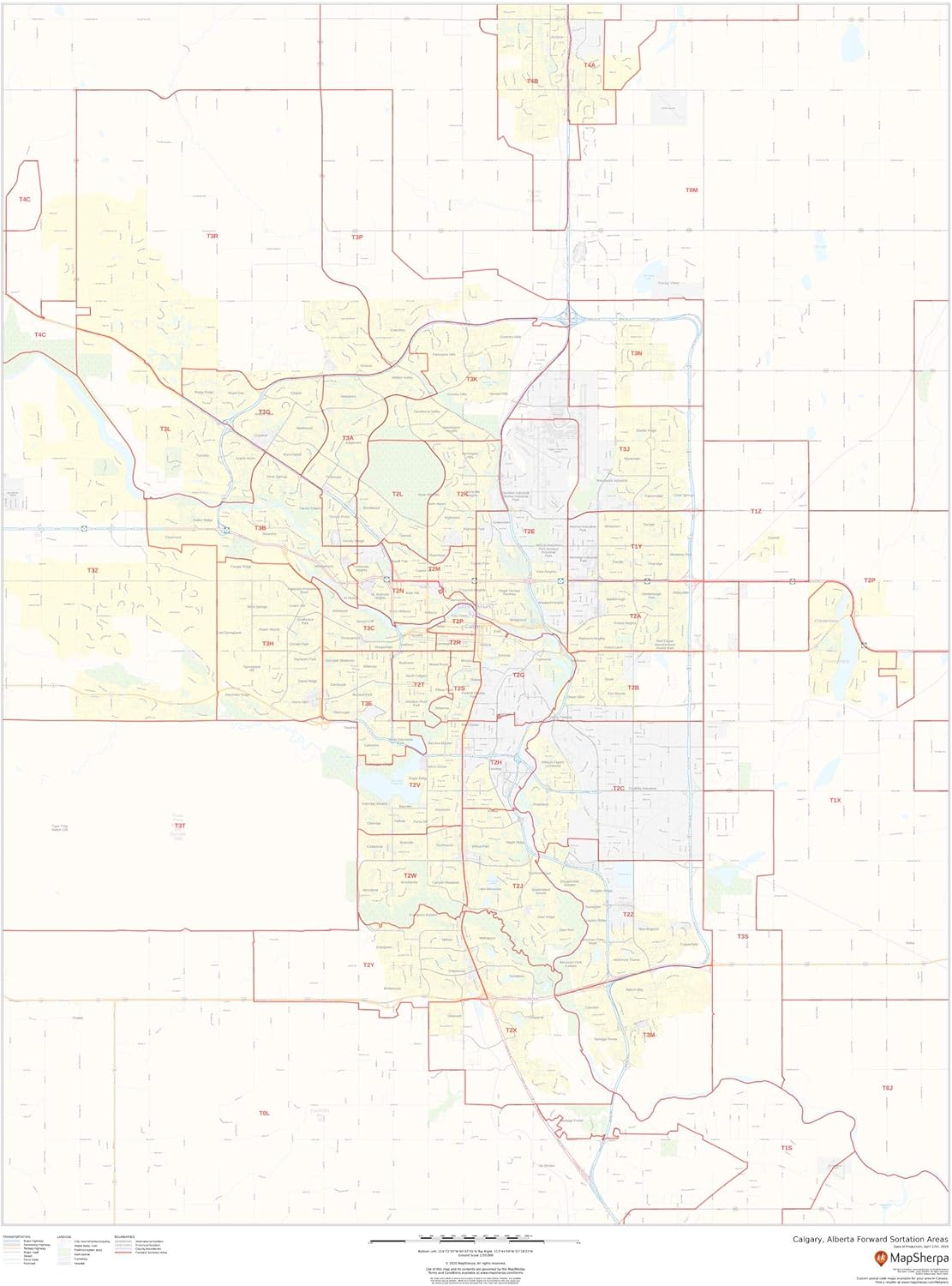 Calgary, Alberta Postal Code Forward Sortation Areas 36" x 48" Paper