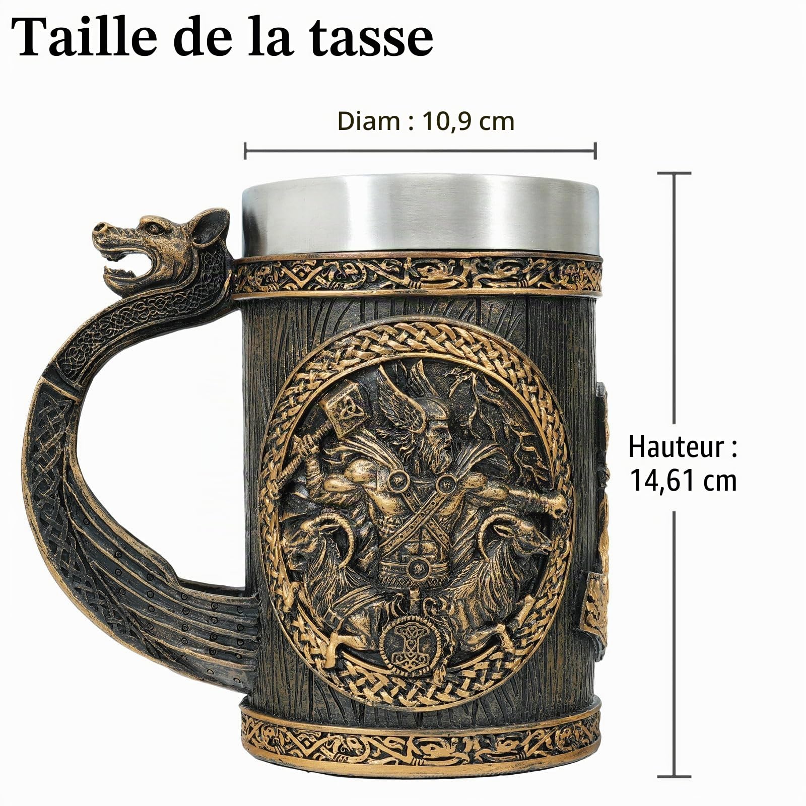 AtSKnSK Chope à bière viking en acier inoxydable avec une anse mythologie nordique marteau de Thor arbre de vie café chope à bière valhalla cadeau viking pour hommes et femmes (marteau de Thor)