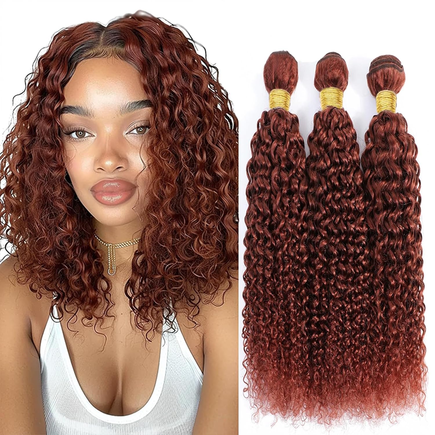 Color 33 Bundles Human Hair Copper Red Curly Wave Bundles 8 10 12 Inch Unprocessed Brazilian Virgin Reddish Brown Bundle Human Hair Extensiosn 300g Soft and Silky for Black Women