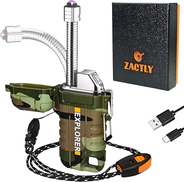 Zactly AL05 Electric Arc USB Lighter Multifunction Waterproof Windproof Dustproof Rechargeable Extendable Long Nose with Lanyard & Emergency Whistle, Camping & Outdoor Survival Tool (CAMOUFLAGE)