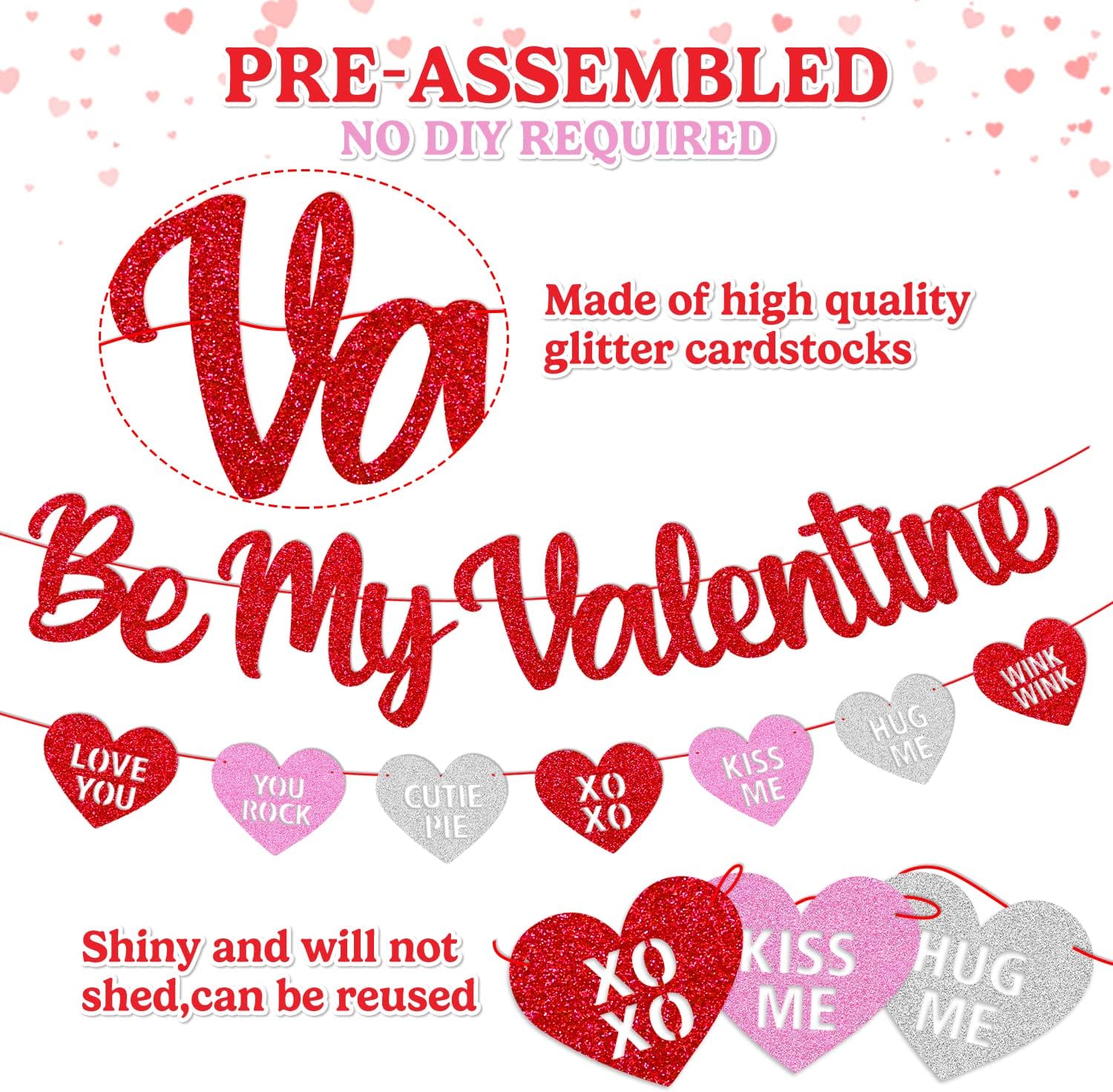 Be My Valentine Banner Glitter Red Pink Heart Garland Happy Valentine's Day Party Decoration Pre-Assembled Romantic Valentine Party Supplies