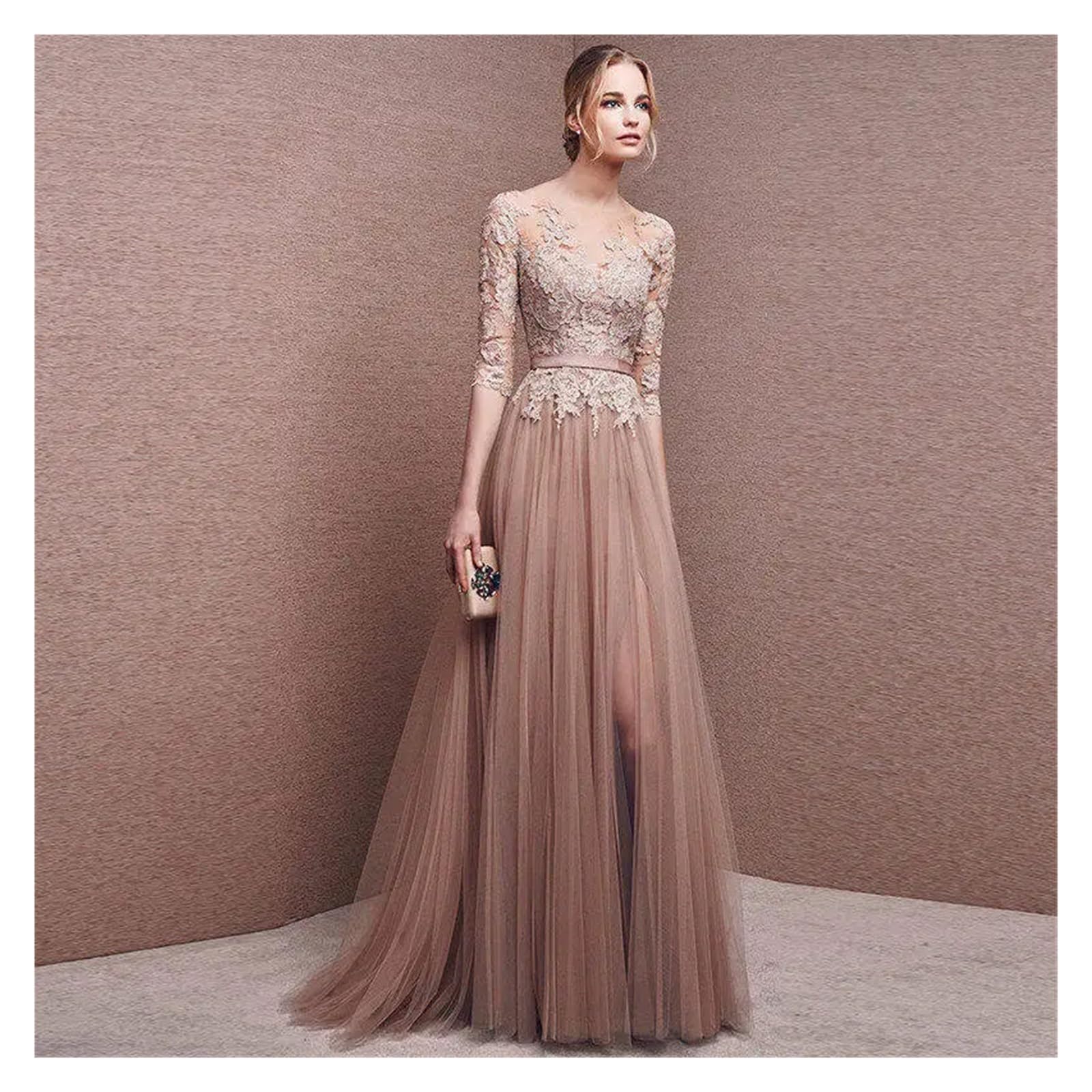 Vestiti Cerimonia Donna Eleganti Abiti Da Damigella D'onore Lunghi Eleganti In Tulle Rosa Blu Con Applicazioni In Pizzo E Mezza Manica, Abiti Da Ballo For Feste Serali Con Spacco Alto(Pink,12)