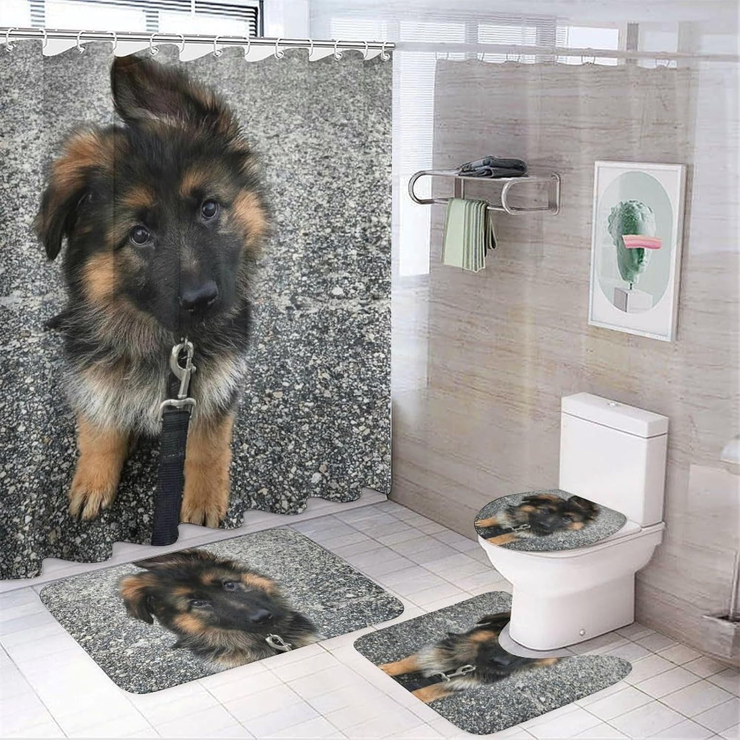 Cute German Shepherd Puppy Shower Curtain Set 4 Piece, Non-Slip Bath Mat with Toilet Lid Cover and Waterproof Shower Curtain with 12 Hooks, Complete Bathroom Set for Home Decor