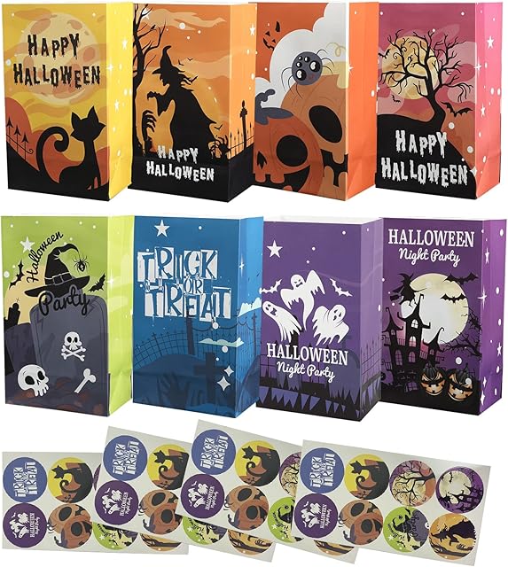 HBell 32pcs Halloween Paper Bags Trick or Treat Bags,Treat Gift Bags, Party Favor Candy Bags with 32pcs Stickers for Halloween Party Favor,Party Decorations,Trick or Treating,Classrooms (32)