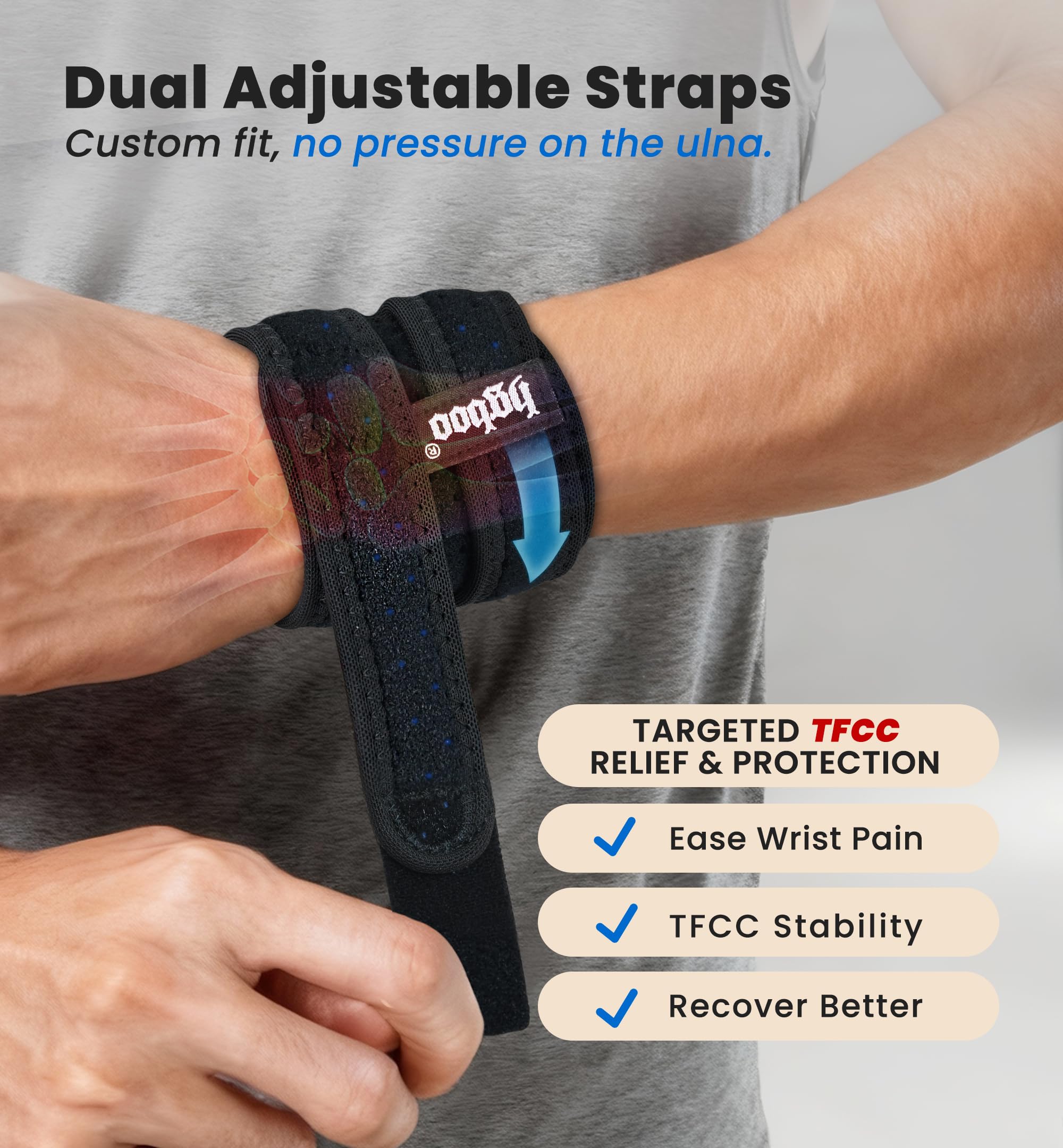 HGBOO 2-Pack TFCC Wrist Brace Support for Ulnar Pain, Carpal Tunnel & Tendinitis Relief, Dual Adjustable Straps Wrist Wrap, Breathable Comfortable Wrist Brace for Sports, Work & Daily Use (Black) — view 4