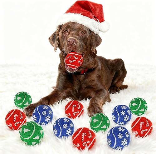 Pelotas de Navidad para perros, paquete de 12 pelotas de tenis chirriantes de 2.5 pulgadas para perros, regalo para cumpleaños de cachorros y