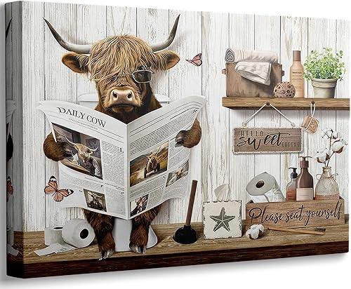 Divertido arte de pared de baño de vaca de las tierras altas, rústico, color marrón, lindo animal, pintura, imagen, decoración de pared, ganado de